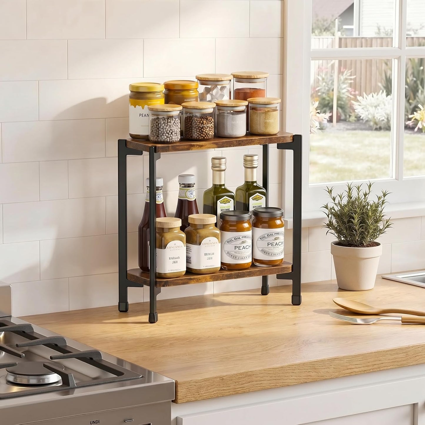 pickpiff 2 Tier Spice Rack Organizer for Kitchen Countertop, Wood and Metal Seasoning Shelf, Space-Saving Spice Organizer for Kitchen Counter, Coffee Bar and Dining Table, Brown
