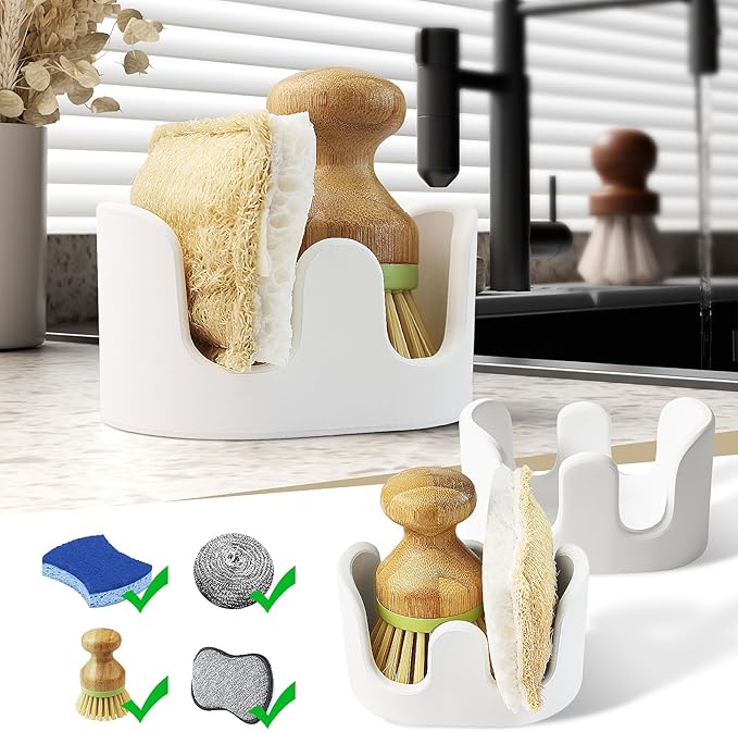 2 Pack Double Sponge Holder, Diatomite Stone Absorbent Sponge Stand by SlowSLog