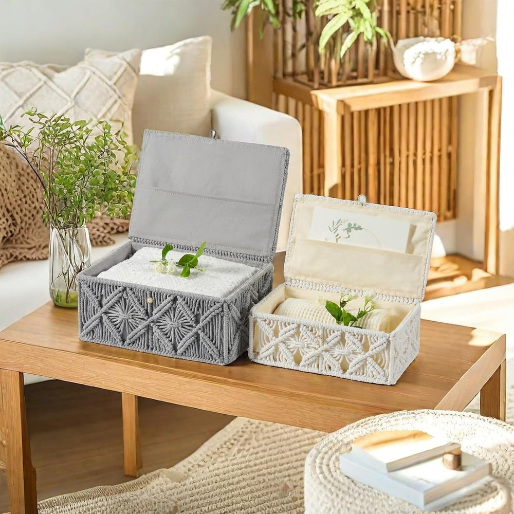 2PCS Decorative Boho Storage Basket with Lid Natural Macrame Box