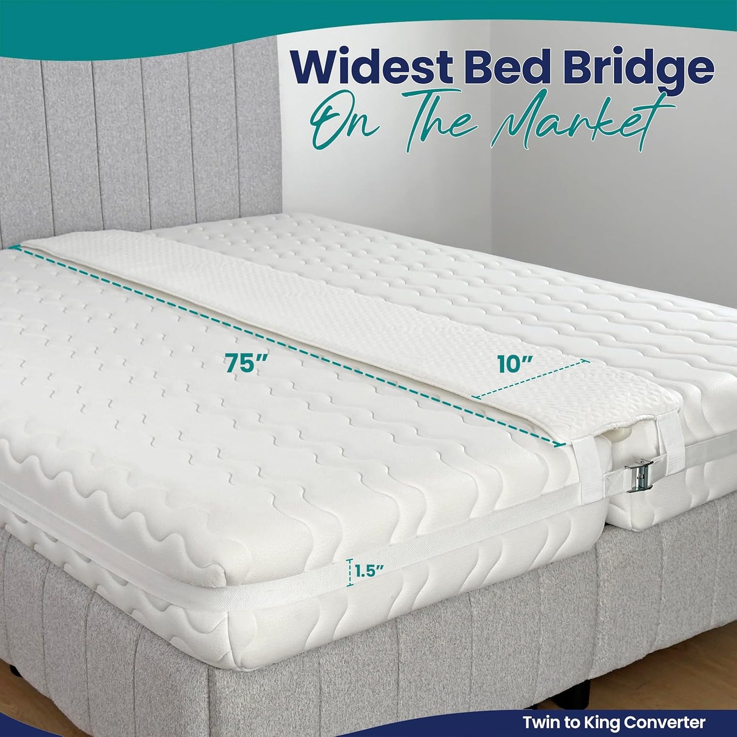 10" Extra Wide Bed Bridge Twin to King Converter Kit - Split King Gap Filler for Adjustable Bed - Mattress Connector & Gap Filler for Bed - Heavy Duty Metal Buckle Strap - 25D Memory Foam