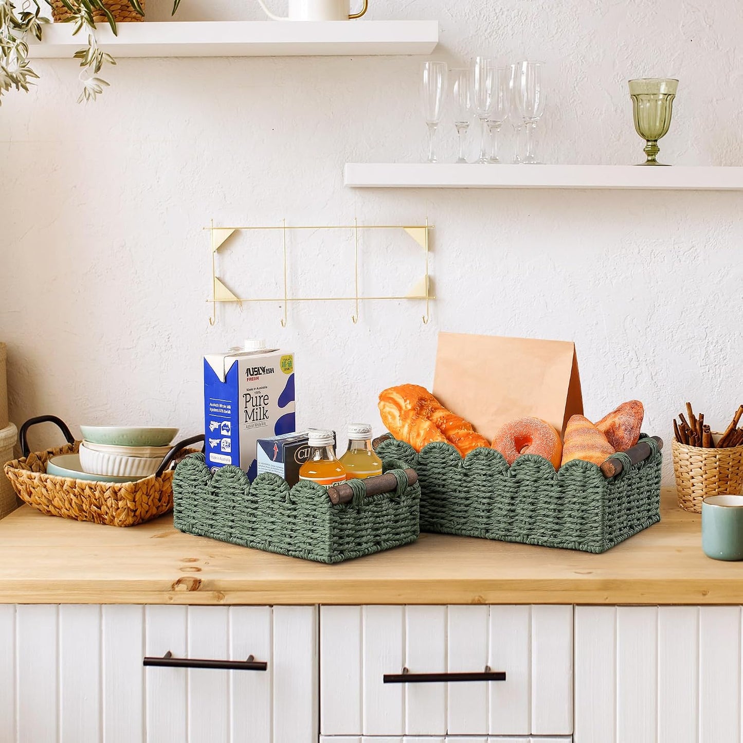 Wicker Baskets for Organizing Toilet Paper Storage Basket | with handle for Bathroom Bedroom Home Farmhouse Decor,Set of 2,Green