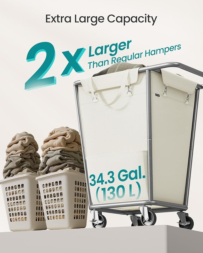 SONGMICS Laundry Basket with Wheels, 34.3 Gallons Rolling Laundry Hamper with - Image 3