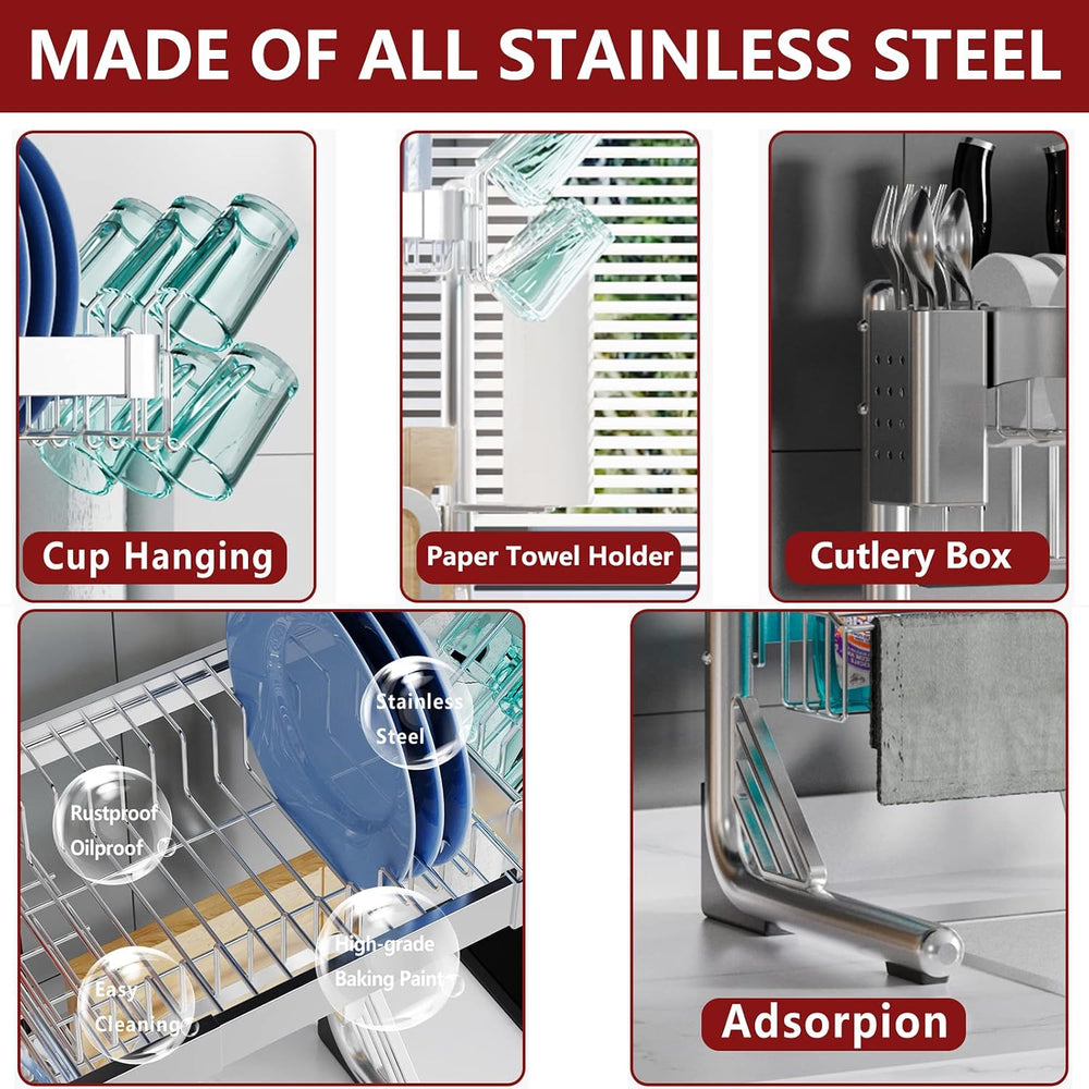 VNKZI Over Sink Dish Drying Rack, 2 Tier Full Stainless Steel Storage Adjusta...