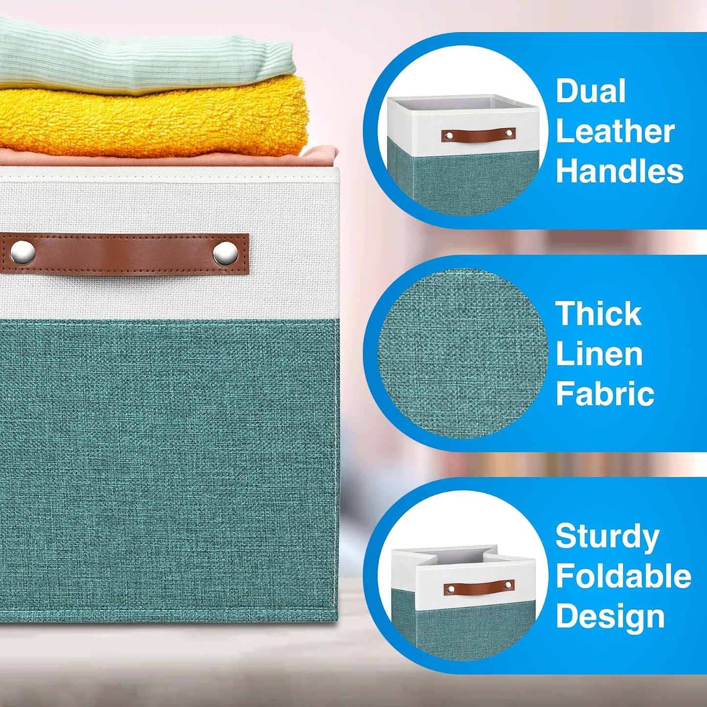 11 Inch Cube Storage Bin - 4 Pack - Linen Fabric 11x11 Cube Storage Bins for Bedroom, Living Room, Clothes and Toys; Foldable, Dual Leather Handles
