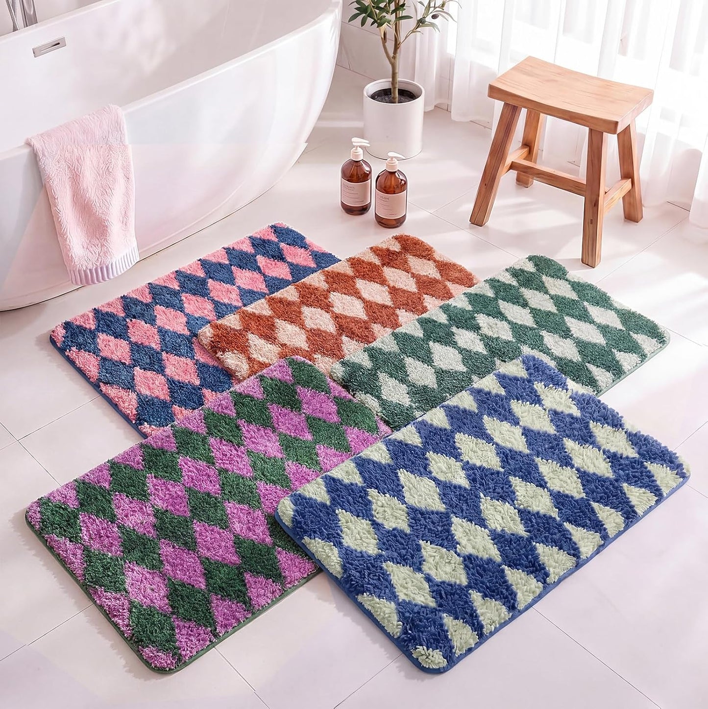 Kacctyen Checkered Bath Mat 24x16 Inch Cute Diamond Tufted Bathroom Rug Soft Absorbent Non-Slip Washable Microfiber for Tub Shower Apartment Dorm Home Decor(Blue and Green)