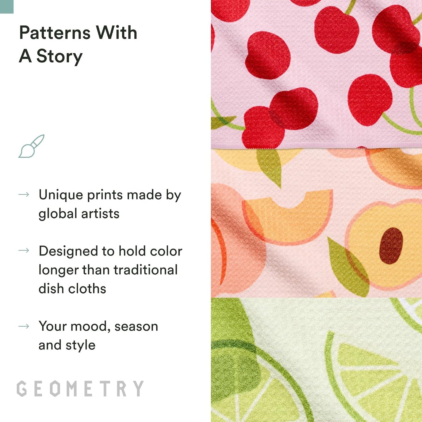 GEOMETRY Dishcloth – Spring & Summer Collection – Quick-Dry, Ultra-Absorbent, Reusable Microfiber Kitchen Towels for Drying & Cleaning - Fruit Fun - 3-Pieces