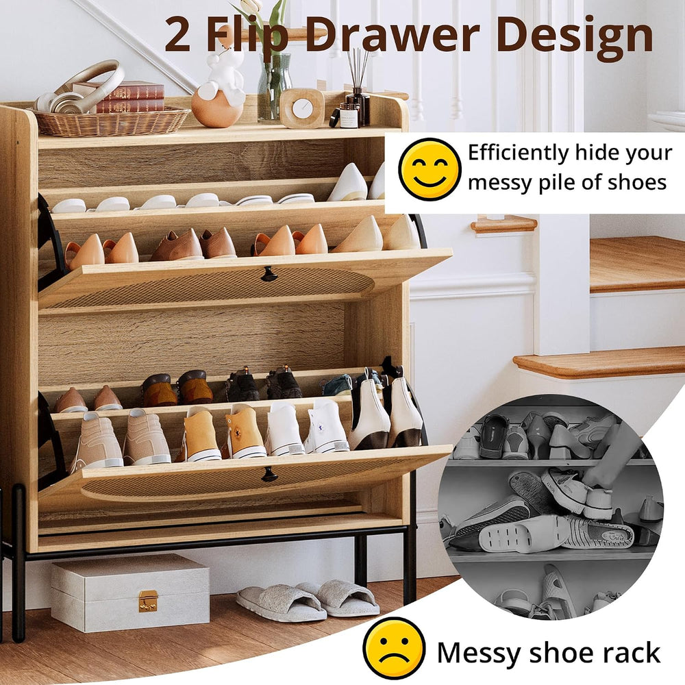 IRONCK Rattan Shoe Cabinet Storage with 2 Flip Drawers, Oak