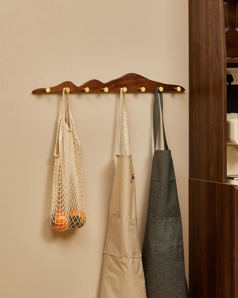 Wood Coat Hooks Wall Mount - Wooden Coat Rack with 8 Gold Brass Hooks for Ent...