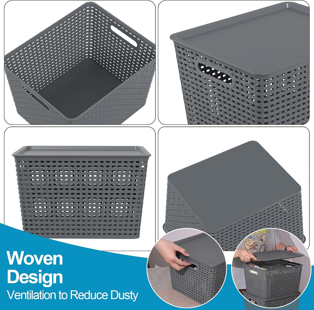 6-Pack Large Plastic Storage Baskets Bins with Lid, Gray