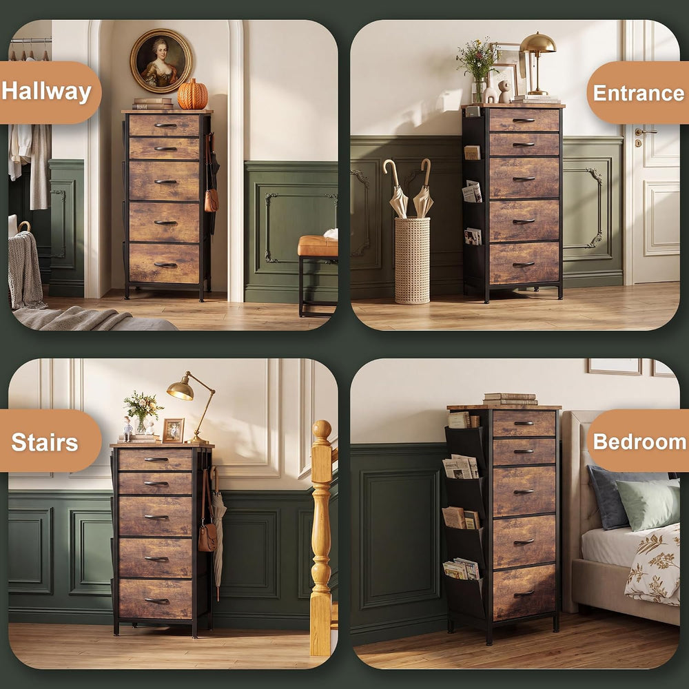 HCHQHS Tall Dresser for Bedroom 5 Drawers Fabric Rustic Brown