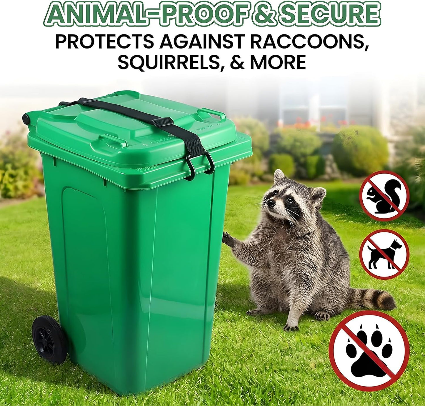 Metal Double Claw Trash Can Lid Lock | Animal‑proof, windproof strap with universal fit for 28–96 gallon bins. Adjustable non‑slip hooks and no‑drill lid closure