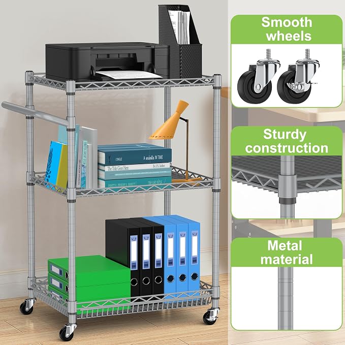 Metal Carts with Wheels, 3 Tier Rolling Utility Carts with Storage, Steel Wire - Image 5