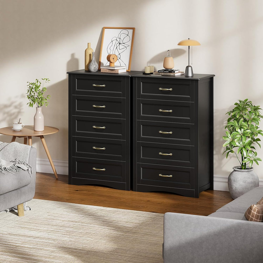 Gizoon 5 Drawer Dresser, Black Wood Chest of Drawers for Bedroom