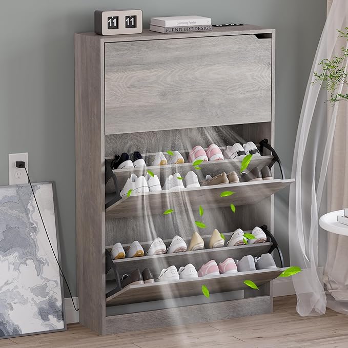 Shoe Cabinet with Odor Control and Back Panels, Deodorizing Slim 3-Flip Shoe by BORNOON
