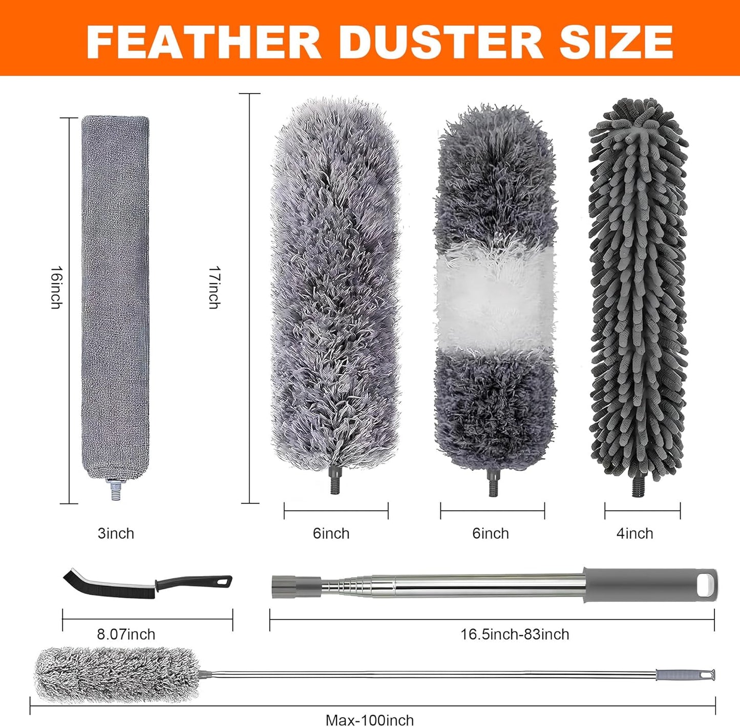 Duster with Extension Pole | Washable Cleaning Duster Kit with DusterHeads | Cobweb Duster | Corner Brush | Telescoping Pole for Ceiling Fan,Walls,Cobweb | Long Handle Feather Dusters (5 Piece Set)