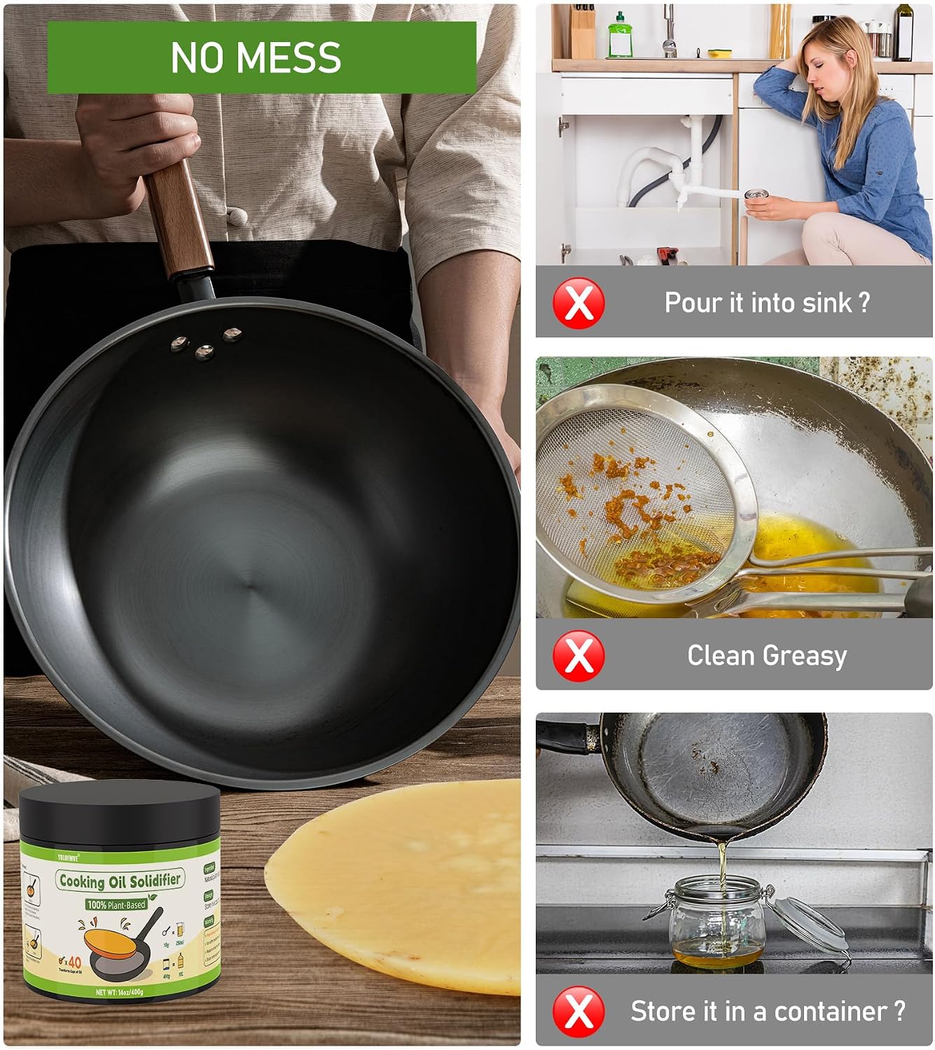 Cooking Oil Solidifier Powder, 14 oz Solidifies Up to 40 Cups from Mess, 100% Plant-Based Grease Hardener for Easy Disposal, No Clogged Drains, for Frying Oil and Bacon Grease
