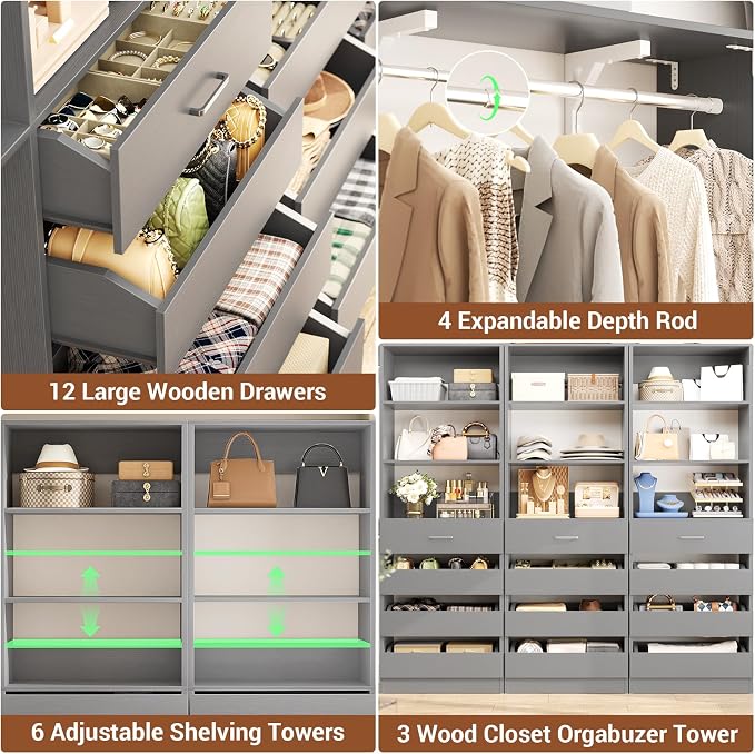 Aheaplus Closet System Set of 3, 138.5" Wood Closet Organizer System Tower - Image 3