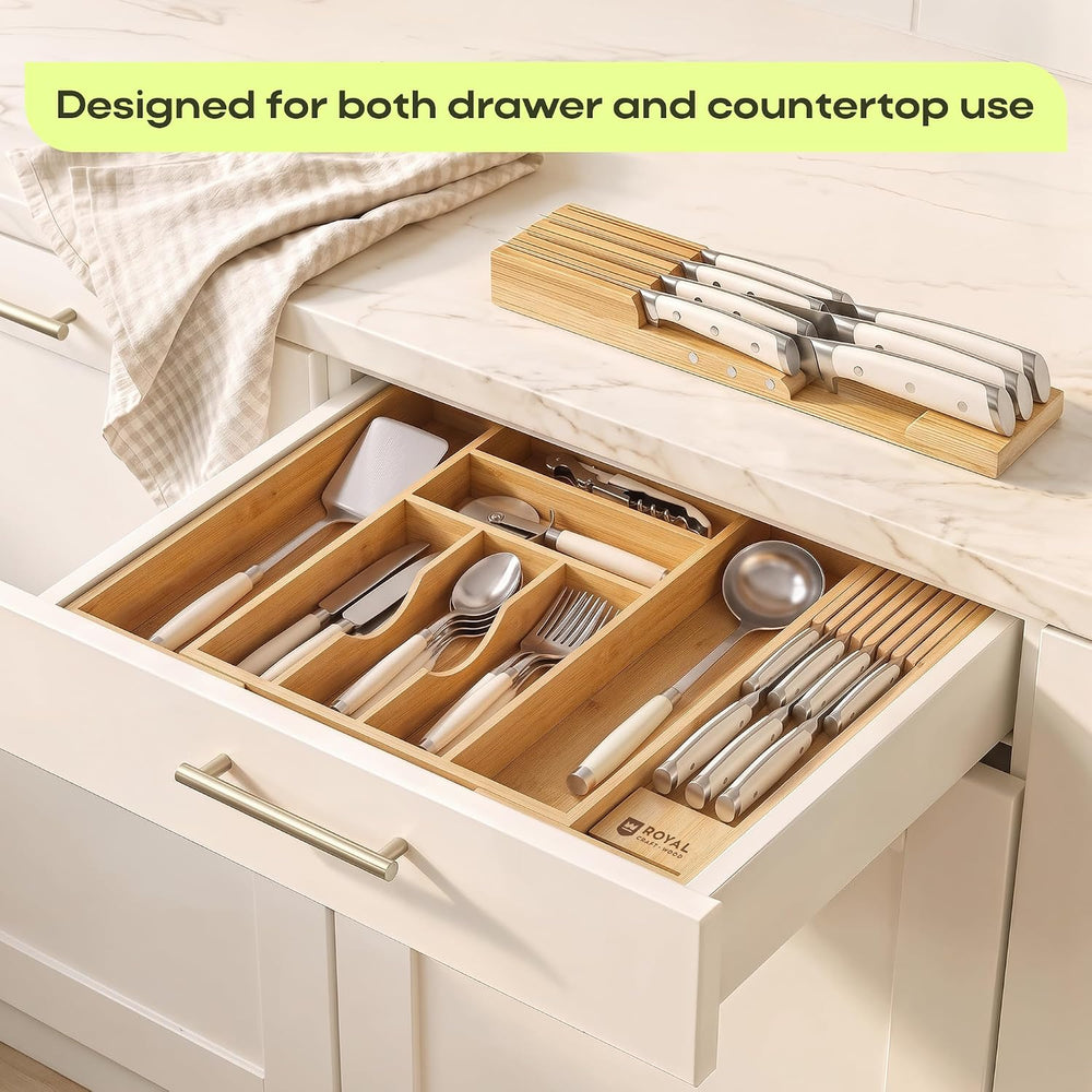 Drawer Organizer for Kitchen Organization – Expandable Bamboo Silverware Draw...