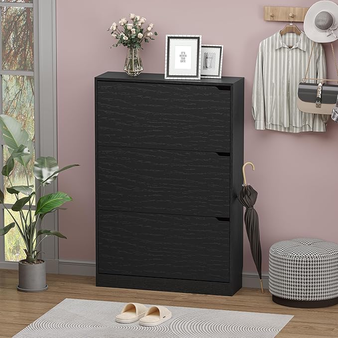 Shoe Storage Cabinet with 3 Flip Drawers, Narrow Shoe Rack Cabinet, - Image 3