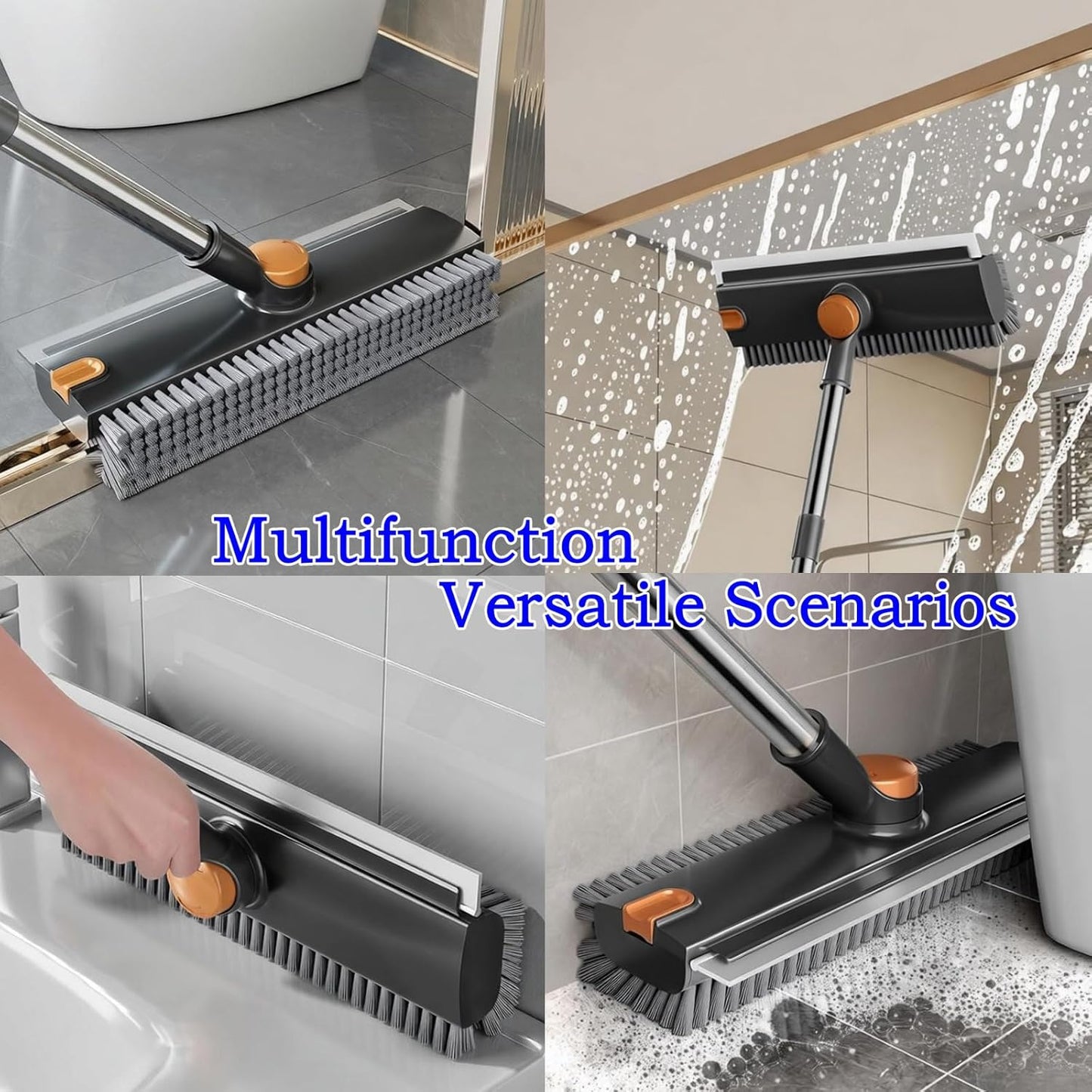 4 in 1 Floor Scrub Brush with Squeegee Long Handle Grout Brush 52'' 2026 Upgraded Multi-Functional Stiff Bristle Cleaning Scrub Brush Rotating Tile Brush for Cleaning Bathroom Patio, Pool, Garage