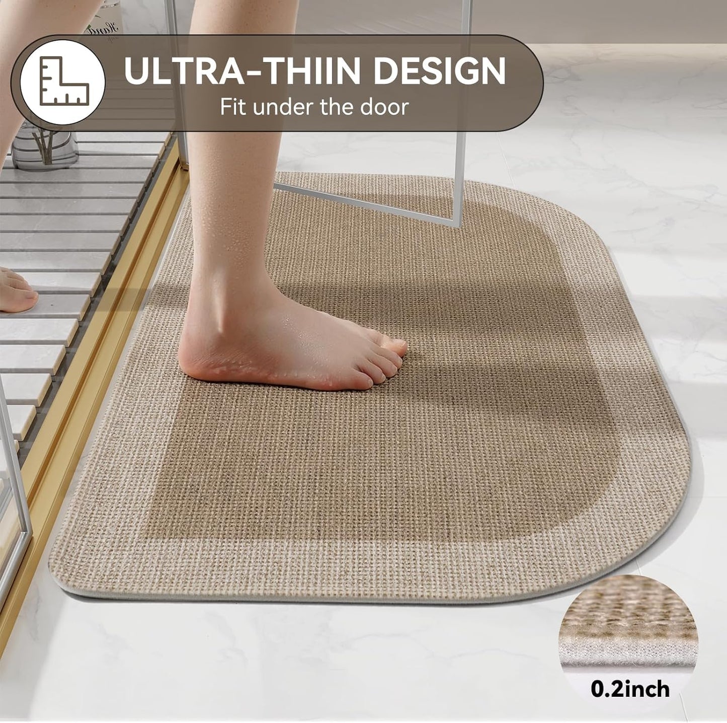 YDKGL Half Circle Bath Mat, Non Slip Bath Mat, Thin Bathroom Rugs Fit Under Door Quick Dry Absorbent Washable Bathroom Mat with Rubber Backing, Brown Beige 16x24