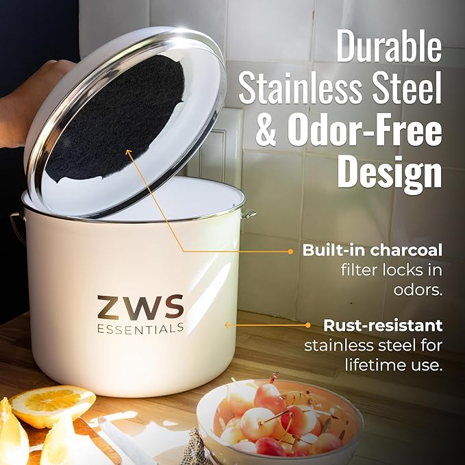 White Stainless Steel Compost Bin | 6.5L Odor-Free Kitchen Countertop Food - Image 2
