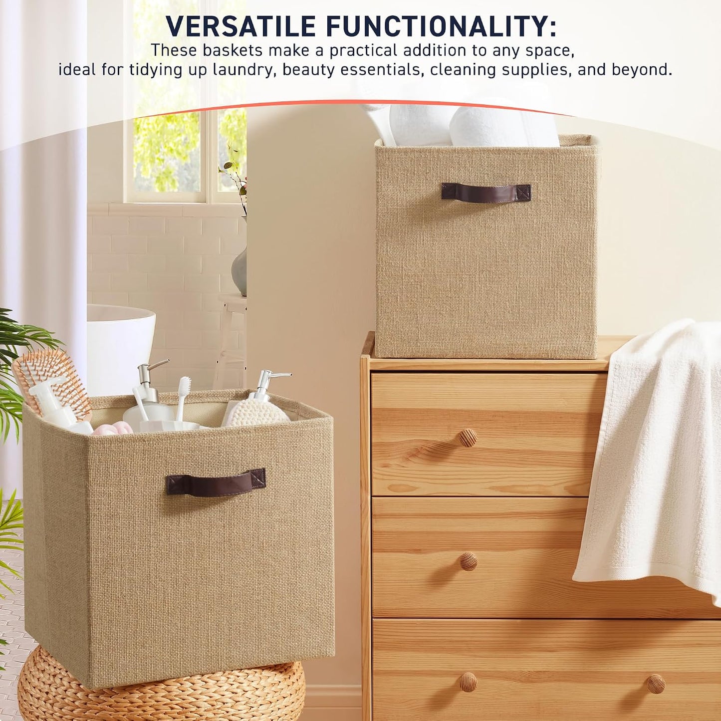 Ornavo Home 10.5x10.5 Jute Storage Cube Bins, 6 Pack, Leather Handles | Foldable Collapsible Fabric Shelf Basket Organizer; Ideal for Closet Storage; Storage Cube Organizers