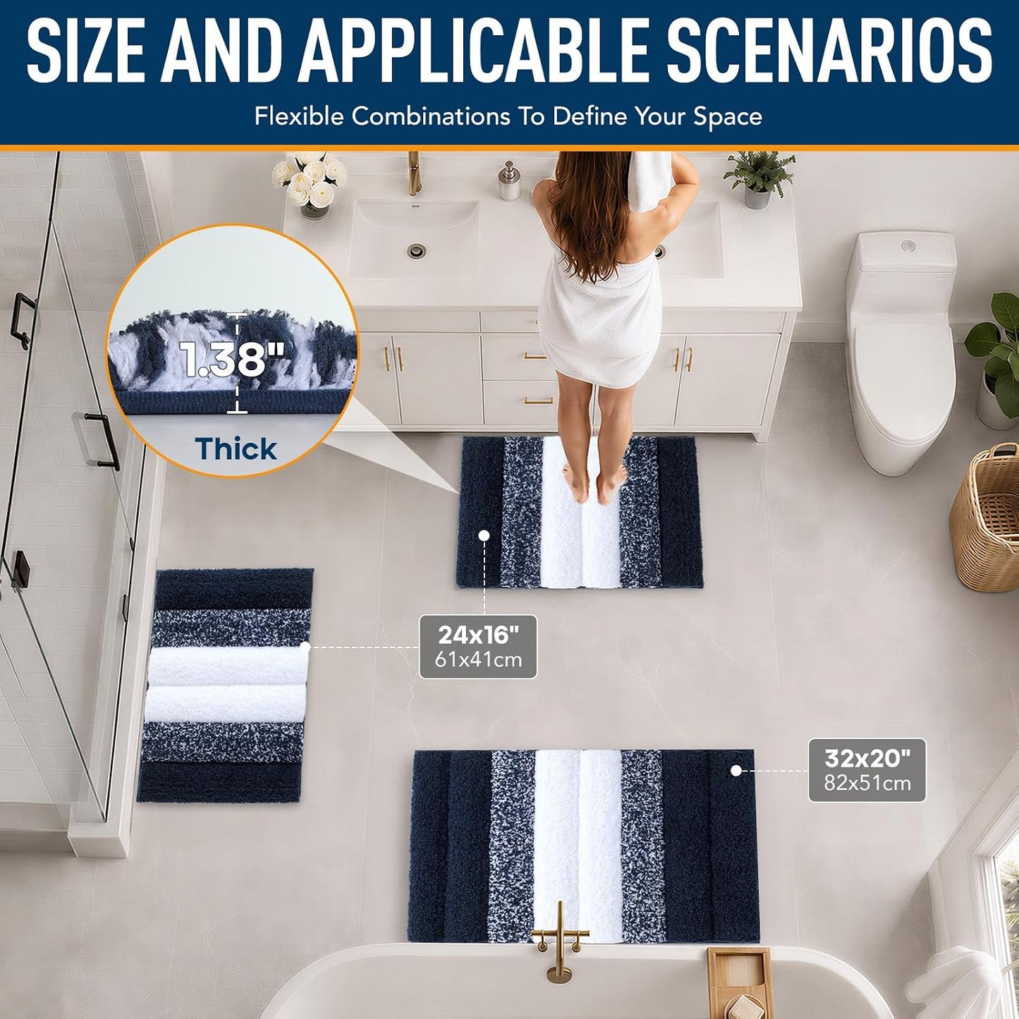 XIYUNTE Thick Bathroom Rug - 32"x20" Extra Soft Blue and White Microfiber Bath Rugs, Quick Dry Super Absorbent Rubber Backing Non Slip Washable Bath Mat for Floor Tub Shower