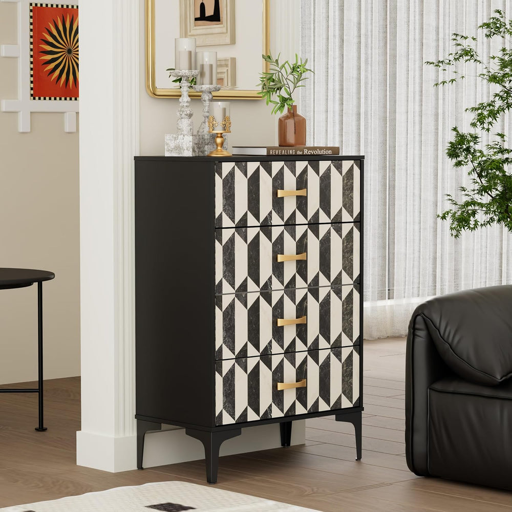 Anbuy Faux Marble 4 Drawers Dresser for Bedroom, Black and White Marble Moder...