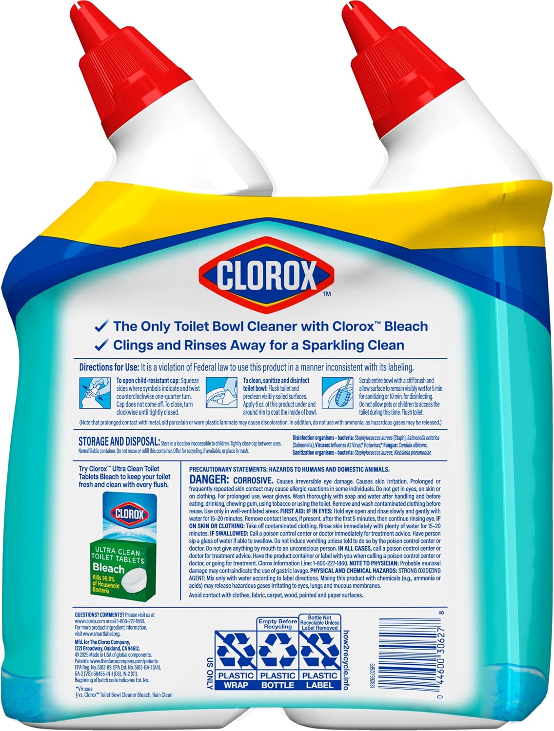 Clorox Toilet Bowl Cleaner Clinging Bleach Gel, Kills 99.9% of Bacteria and Viruses, Ocean Mist, 24 Fl Oz, Pack of 2