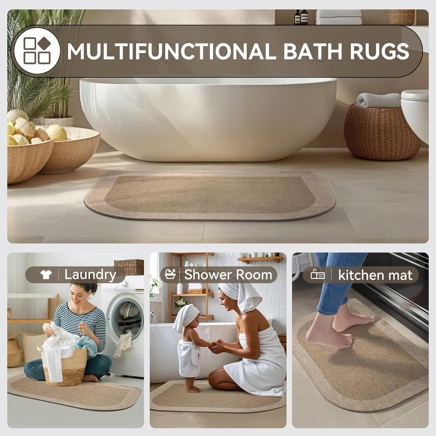 YDKGL Half Circle Bath Mat, Non Slip Bath Mat, Thin Bathroom Rugs Fit Under Door Quick Dry Absorbent Washable Bathroom Mat with Rubber Backing, Brown Beige 16x24