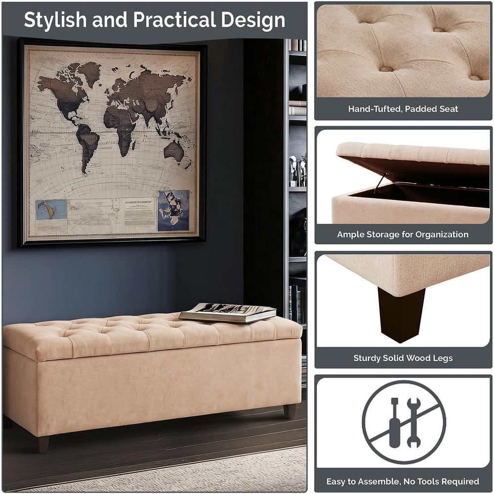 Madison Park 49" Upholstered Storage Bench, Button Tufted End of Bed Ben...