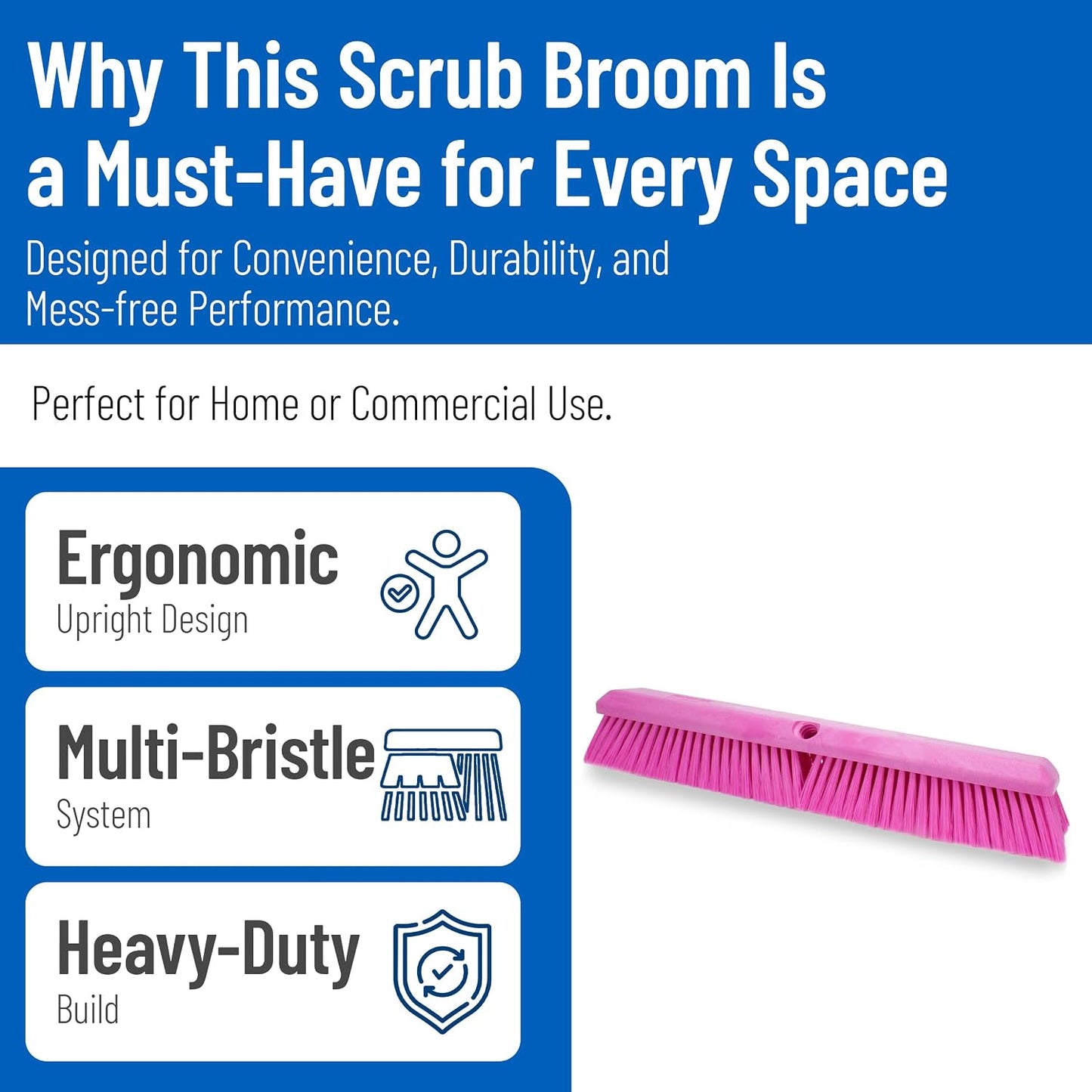 SPARTA Omni Sweep Plastic Push Broom Head, Heavy Duty, Industrial Broom With Color Code System For Outdoor, Indoor, Garage, Concrete, Patio, Kitchen, Bathroom, 18 Inches, Pink