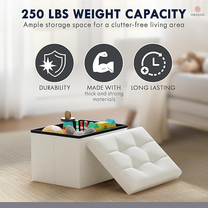 Ornavo Home Small Storage Ottoman Foldable Collapsible Rectangle Linen Ottoman - Image 7