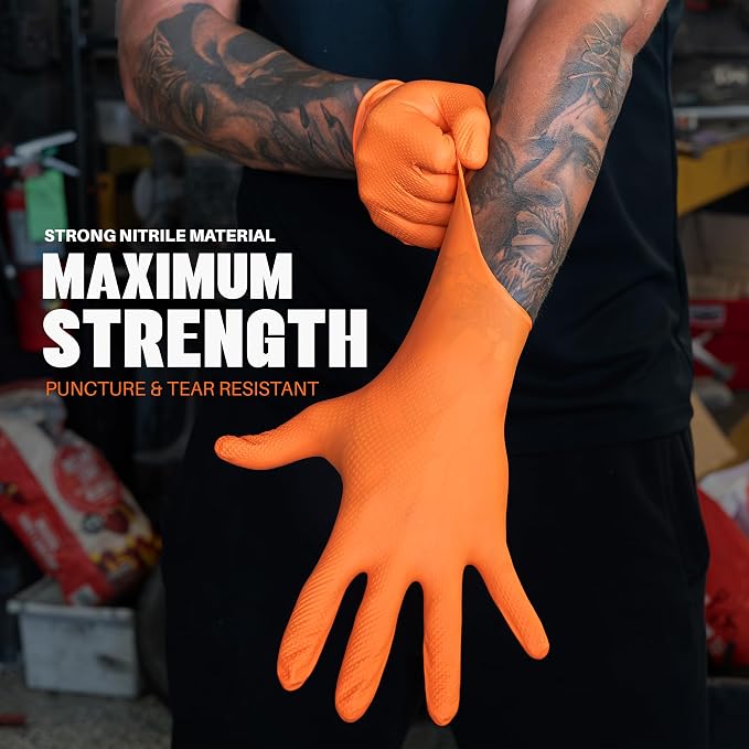 Herkules Grip Heavy Duty 8Mil Orange Nitrile Gloves, 3D Raised Diamond - Image 2