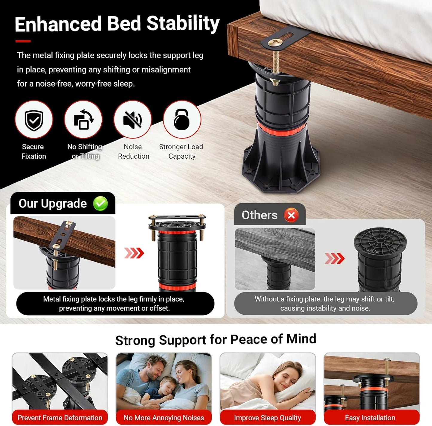 LOSCHEN 4 PCS Adjustable Bed Support Legs with Metal Fixing Accessories, 8.4-13.5 Inch，Heavy Duty Bed Frame Support Feet,Bed Support Reinforcement Parts Bed Slats Support Leg Bed Replacement Legs