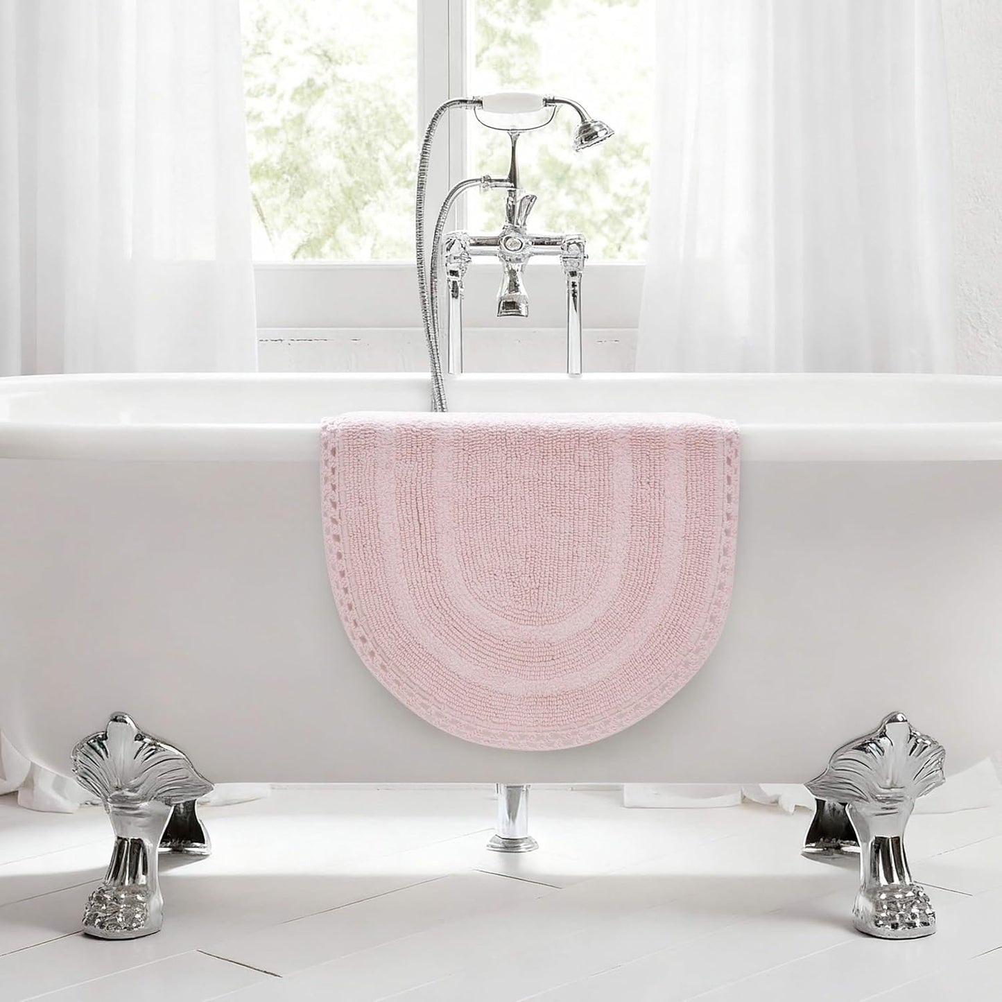 Laura Ashley Camilla 100% Cotton Oval Bath Mat with Crochet Border, Soft & Absorbent, Light Pink 21" x 34" Bathroom Rug