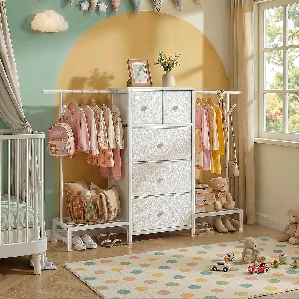 Romorgniz 3-in-1 White Dresser with Hanging Rack, 5 Drawers & 2 Shoe Racks