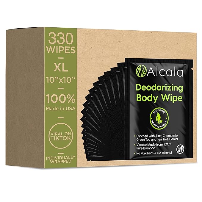 Alcala Deodorizing Body Wipes Individual Shower Wipes 100% Pure Biodegradable by Alcala