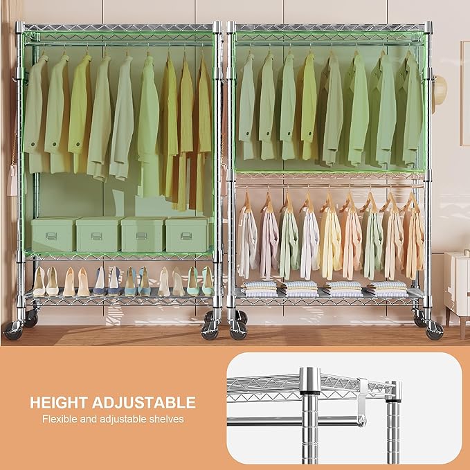 Heavy Duty Rolling Garment Rack 3 Tiers Adjustable Wire Shelving Clothes Rack - Image 3