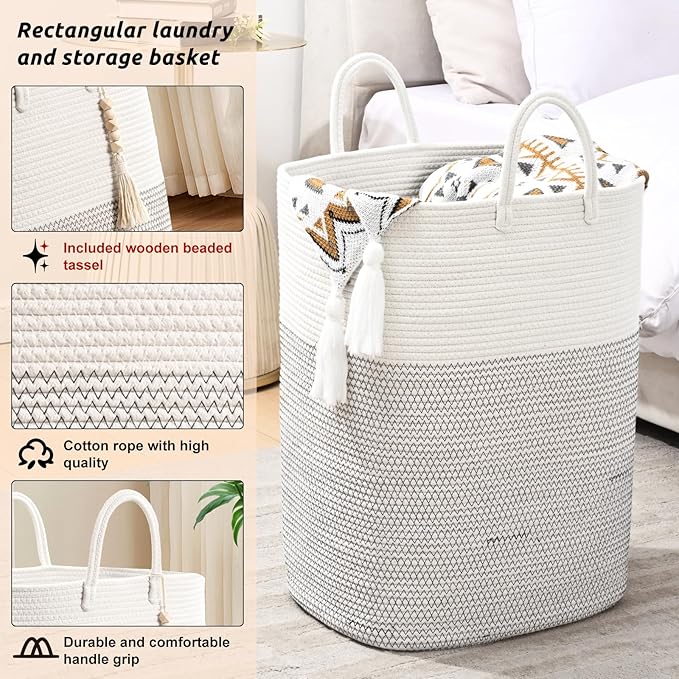 Woven Laundry Basket for Clothes, 65L Large Rectangle Laundry Hampers, Nursery - Image 3