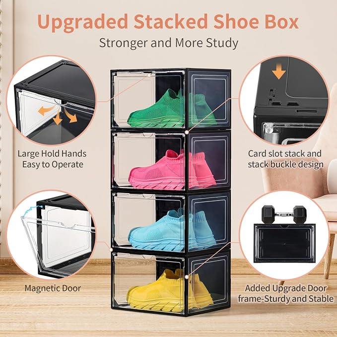 12 Pack Black Shoe Boxes Stackable, Large Shoe Storage Organizer - Image 4