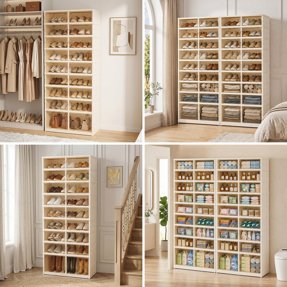 Foldable Shoe Rack, 9-Tier Shoe Storage Cabinet with Clear Doors for Closet