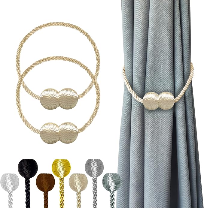 Hion Magnetic Curtain Tiebacks Beige 2pcs, Curtain Tiebacks Buckles Holdbacks by Hion