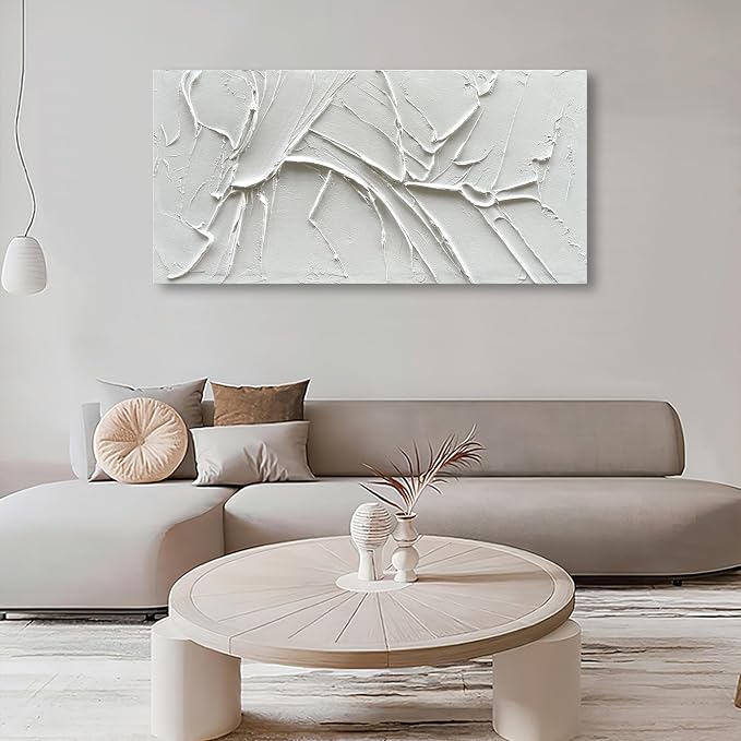 NANKAI Hand-Painted Thick Texture White Minimalist Oil Painting 24x48 Inches - Image 7