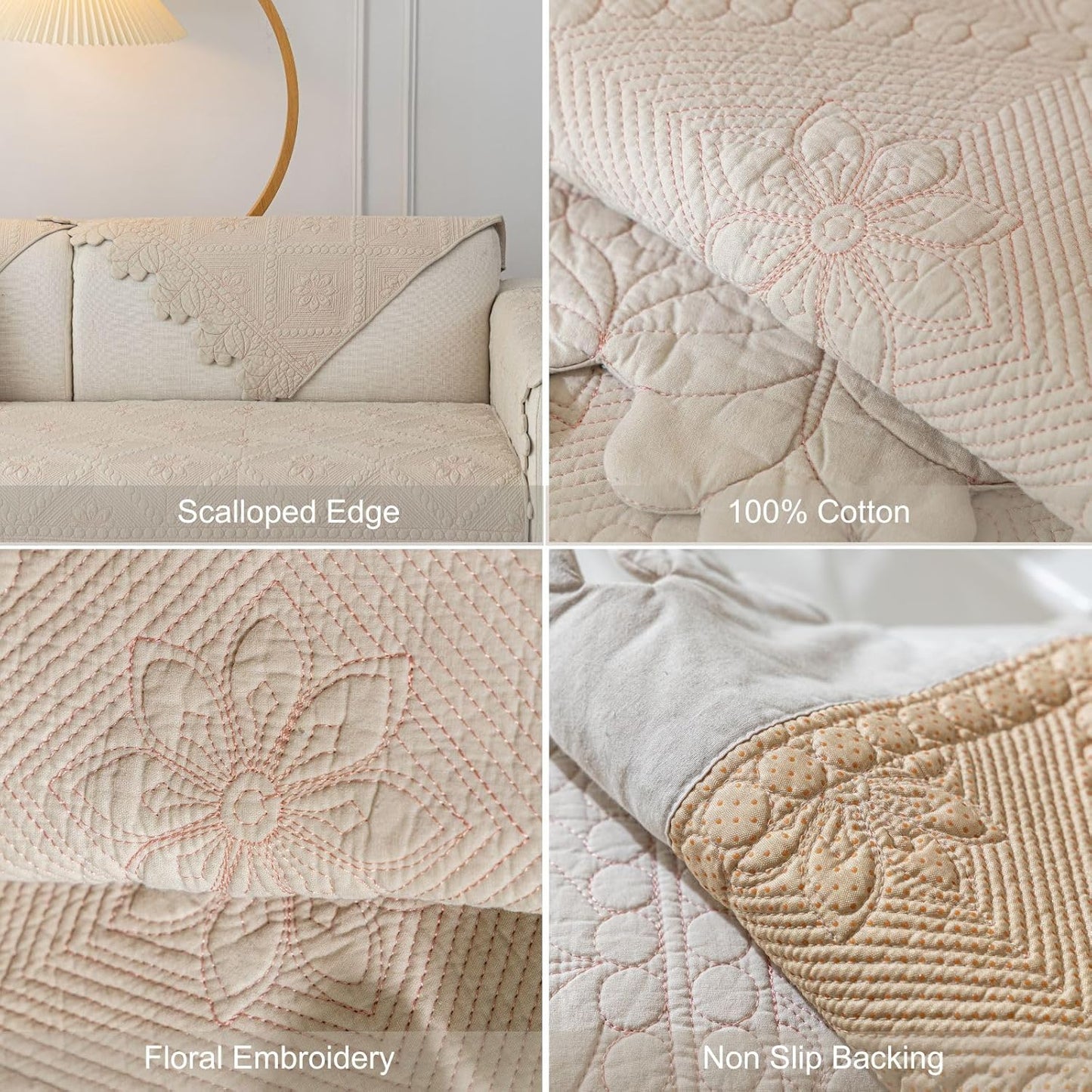 Cotton Quilted Dog Couch Cover for Sofa Farmhouse Rustic Embroidery Sectional Couch Cover Soft Anti-Slip Sofa Slipcover Furniture Protector for Kids, Pets (Khaki,28"x70")