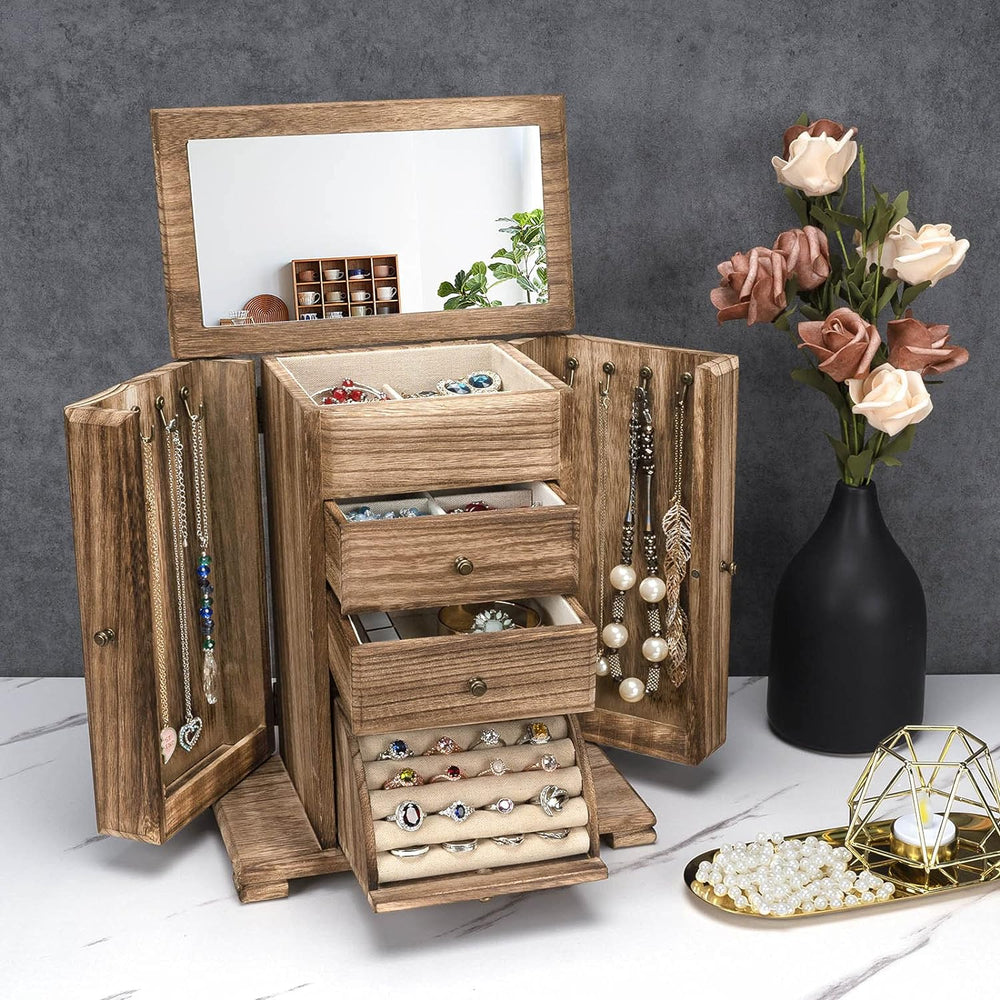 Emfogo Jewelry Box for Women, Rustic Wooden Jewelry Boxes & Organizers wi...