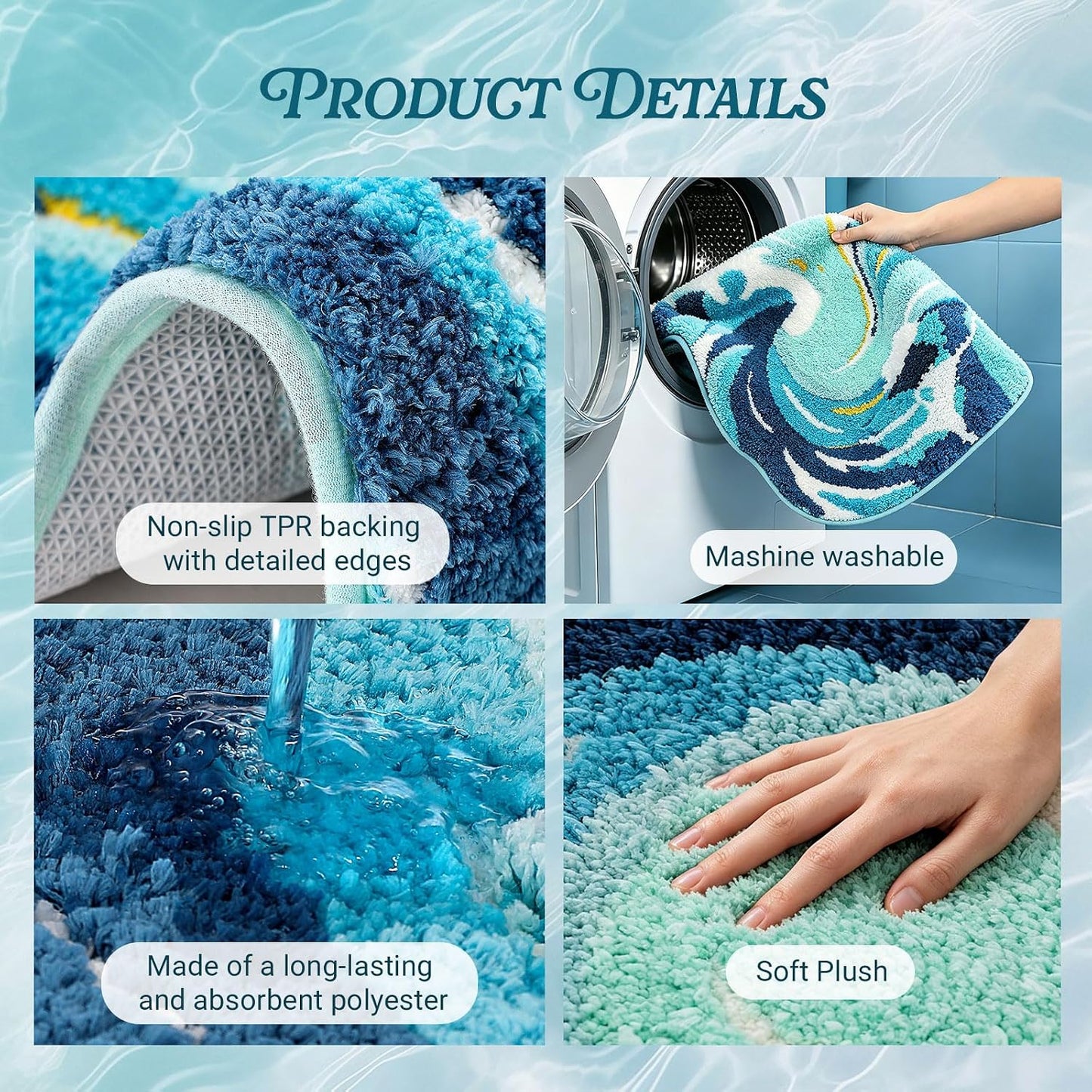 Percozzi Ocean Wave Bath Rug 32 x 20 Inch, Coastal Tufted Bathroom Mat with Non-Slip TPR Backing, Soft Plush Absorbent Machine Washable Bath Rug, Beach House Ocean Decor Rug for Bathroom Bedroom