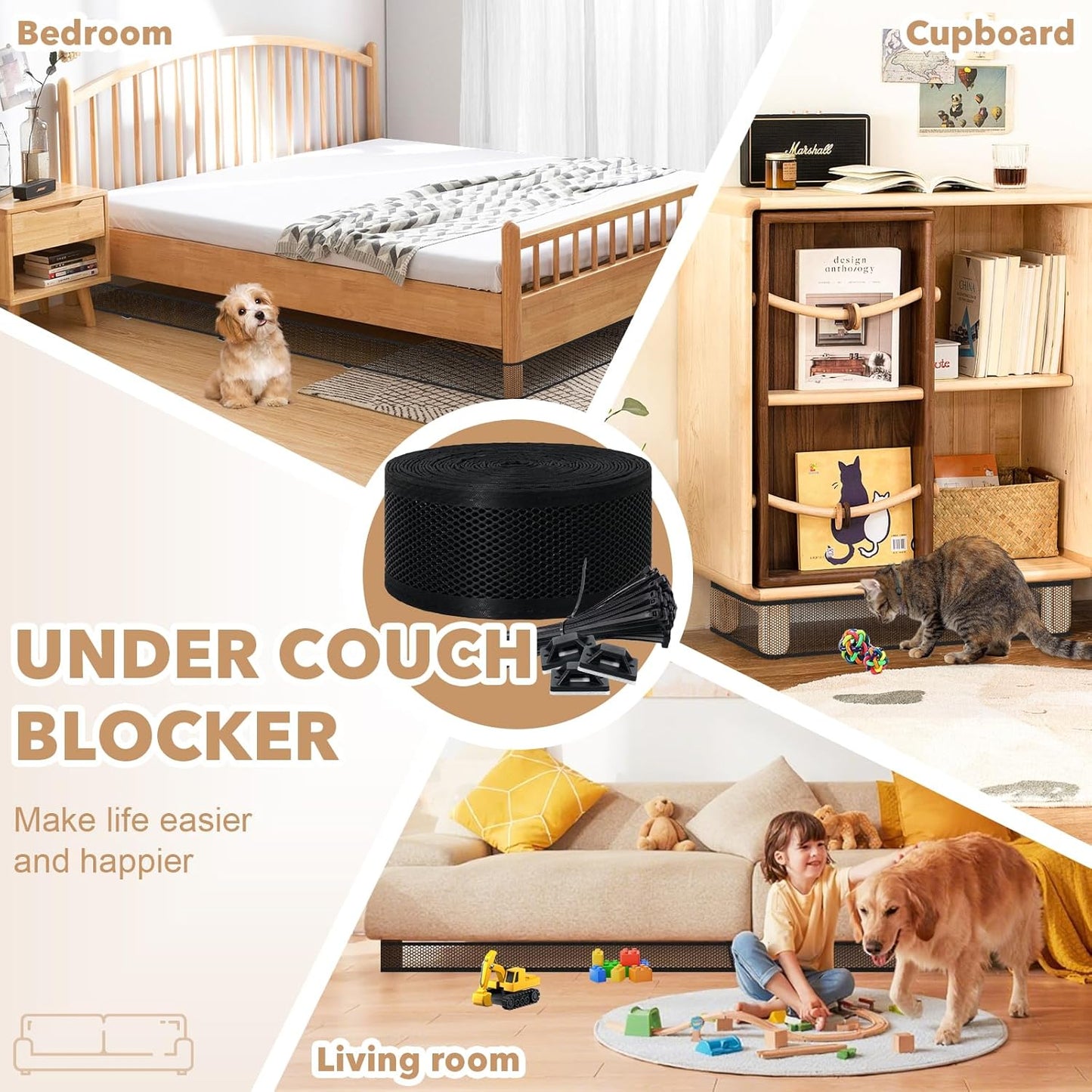 Under Couch Blocker for Toy, sunoyar Under Bed Blocker for Pets Adjustable, Toy Stoppers for Under Furniture & Sofa Plastic Mesh with Zip Ties Gap Guard Stops Lost Toys (L394 x H3)