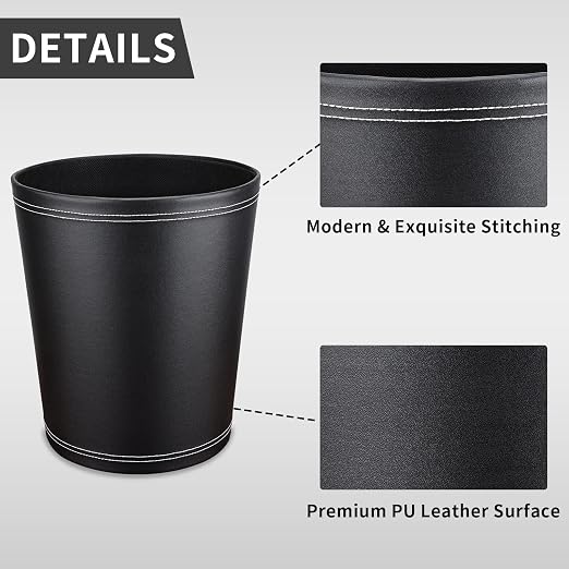 Pu Leather Trash Can, 2.6 Gallon Black Bathroom Trash Can, Small Office Garbage - Image 4